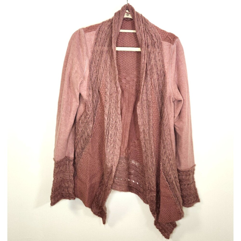 ANTHROPOLOGIE Knitted & Knotted Pink/Mauve Mixed Fabric Open Front Cardigan MED